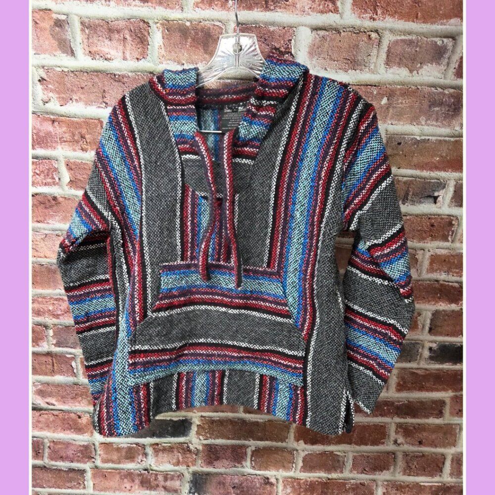 Hydration Nation Baja Hoodie S | Mexican Artisan Red Blue Boho Surf Festival Y2K